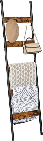 HOOBRO Blanket Ladder, 5-Tier Towel Rack with Hooks, Wall-Leaning Blanket Rack, Decorative Display Ladder Shelf, for Scarves,