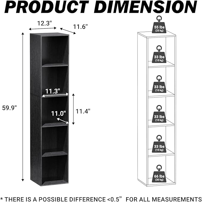 5 Cube Storage Organizer, Narrow Open Shelf Bookcase, Freestanding Low Display Bookshelf with Eco-Friendly Melamine Surface f