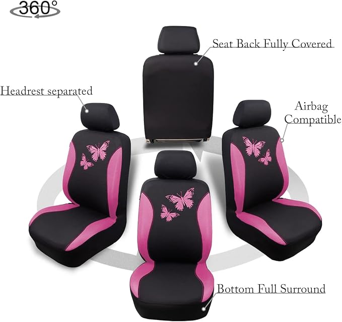 Flying Banner Butterfly car seat Covers ful Set Fashion Universal Lady Woman Female Rear Bench Split Colorized (Full Set, Pin