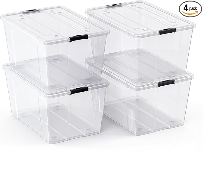 Lifetime Appliance Parts 4 PACK 75 Qt. Plastic Storage Bin Tote Organizing Container with Ultra Durable Lid & Secure Latching