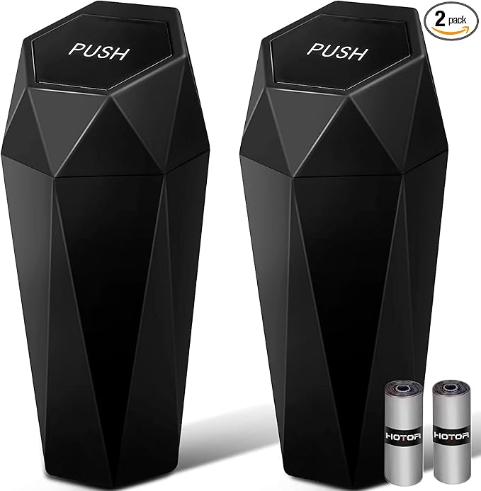 HOTOR Car Trash Can with Lid - 2 Pack, Car Accessories for Interior, Leakproof Vehicle Garbage Can with 30 Attached Trash Bags, Multipurpose Organizers and Storage for Home, Office, Black