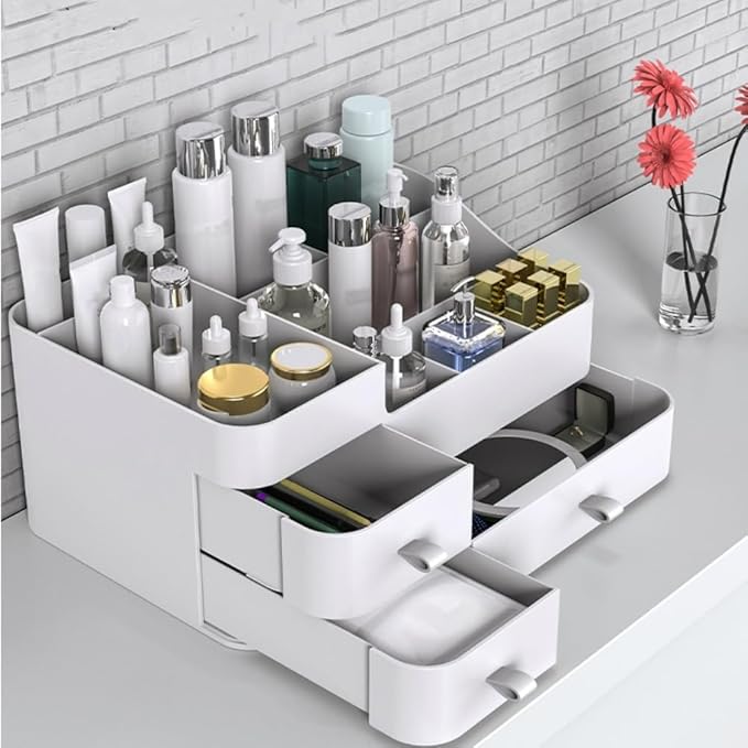 MIUOPUR White Makeup Organizer for Vanity, with 3 Drawers, Large Capacity, Ideal for Make up, Cosmetic, Skin care, Suitable f