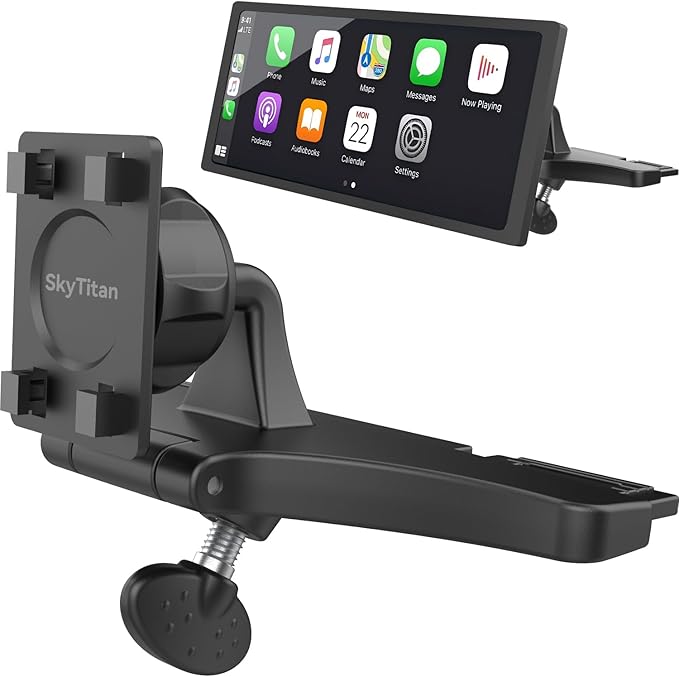 CD Slot Car Mount for Portable CarPlay Screens, Adjustable Angles, Low Profile and Sleek, Integrated Mounting Solution for in-Car Android Display Monitors (4-Tab Bracket Mount)