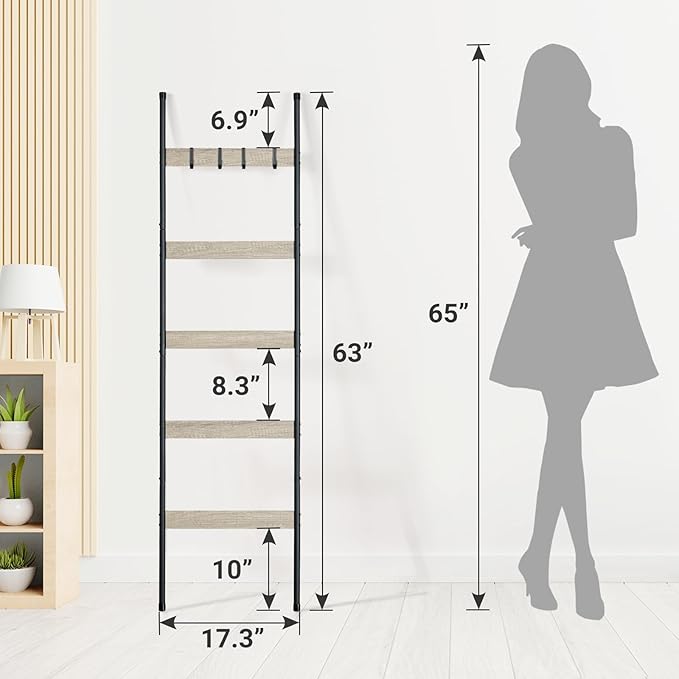 ELYKEN Blanket Ladder for Living Room, Farmhouse 5-Tier Quilt Holder with 4 Removable Hooks for Bathroom, Wood Towel Rack Dis