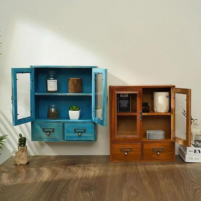 Rustic Vintage Mini Wood Counter Top Cabinet,Display Case with Organic Glass Door,Wall Storage Cabinet, that Sits on Countert