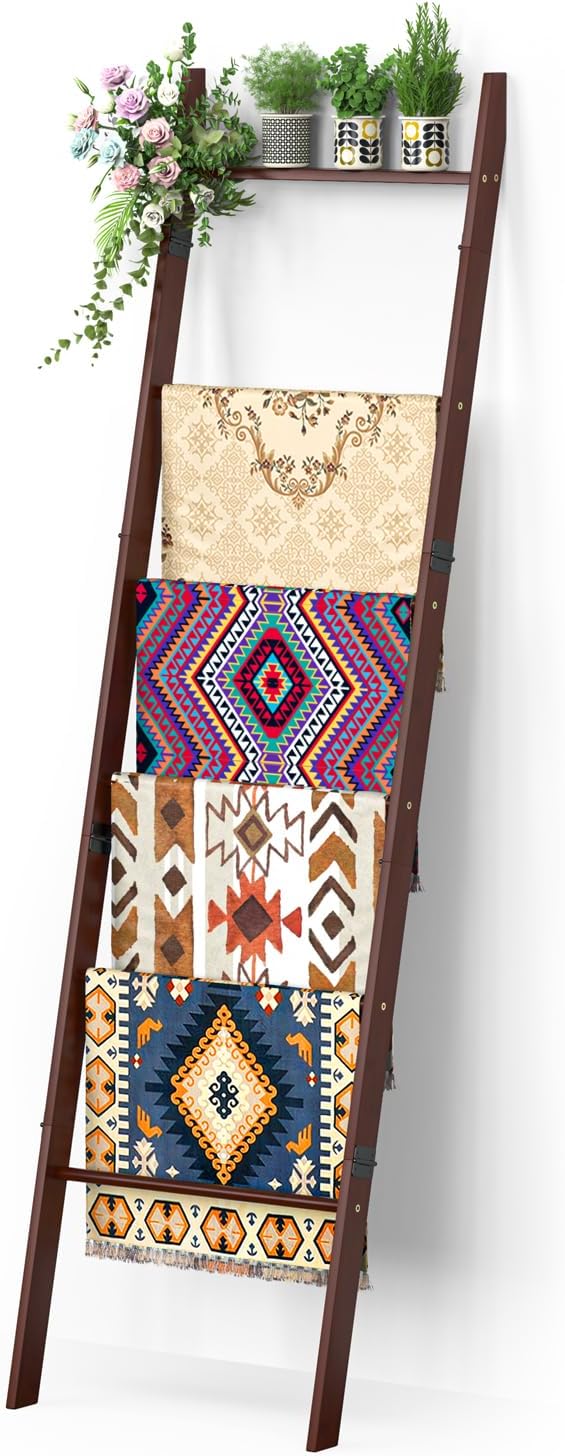 BAMBANG 6-Tier Blanket Ladder for Living Room, Blanket Quilt Ladder Rack Rustic Decorative Towel Holder, Wall Leaning Blanket