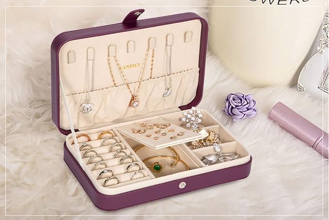 LANDICI Small Jewelry Box for Women Girls, PU Leather Travel Jewelry Case, Portable Jewelry Organizer Storage Holder Display 