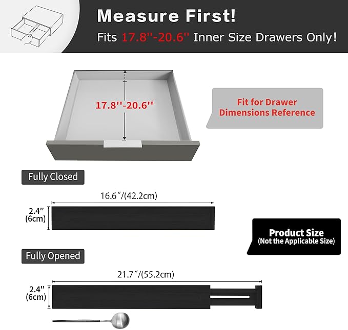Utoplike 4 pcs Bamboo Kitchen Drawer Dividers Large, Adjustable Black Drawer Organizers, Spring Loaded, Works in Kitchen, Dre