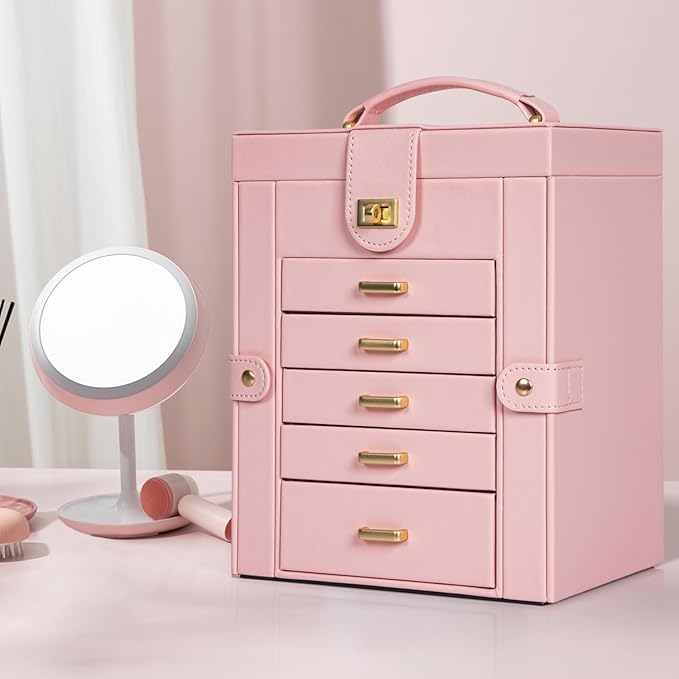 AKOZLIN Large Jewelry Box Organizer Functional with Big Mirror, Leather Jewelry Storage Case for Women Girls Ring Necklace Ea