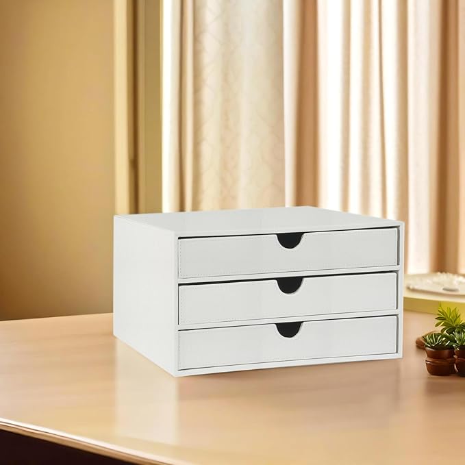 UnionBasic Document Organizer, 3-Drawer File Cabinet Document Storage Box, Office Desktop Filing Organizer, Croco White