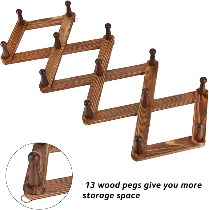 Homode Vintage Wood Expandable Peg Rack- Multi-Purpose Accordion Wall Hangers with 13 Hooks for Hats, Coat, Mugs, Scarf, Jewe
