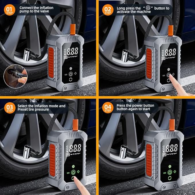 Cordless Tire Inflator Portable Air Compressor - 3600mAh Rechargeable Car Tire Pump with Digital Pressure Gauge, LED Light, Auto Shut Off, Dual Power Source for Car, Motorcycle, Bicycle, Balls