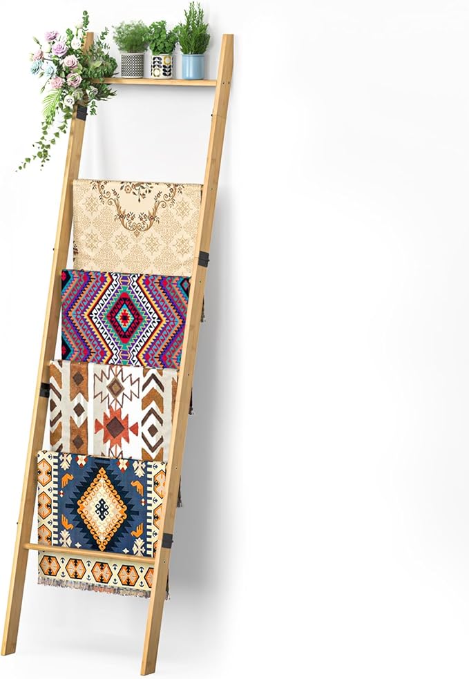 BAMBANG 6-Tier Blanket Ladder for Living Room, Blanket Quilt Ladder Rack Rustic Decorative Towel Holder, Wall Leaning Blanket