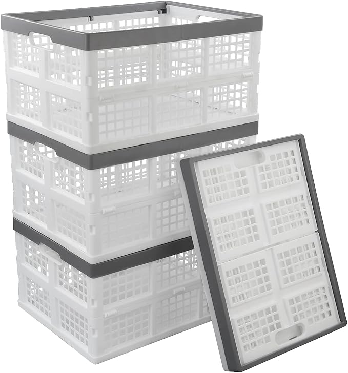 4 Packs 30 L Plastic Collapsible Storage Basket, Folding Stackable Storage Containers/Bins, White