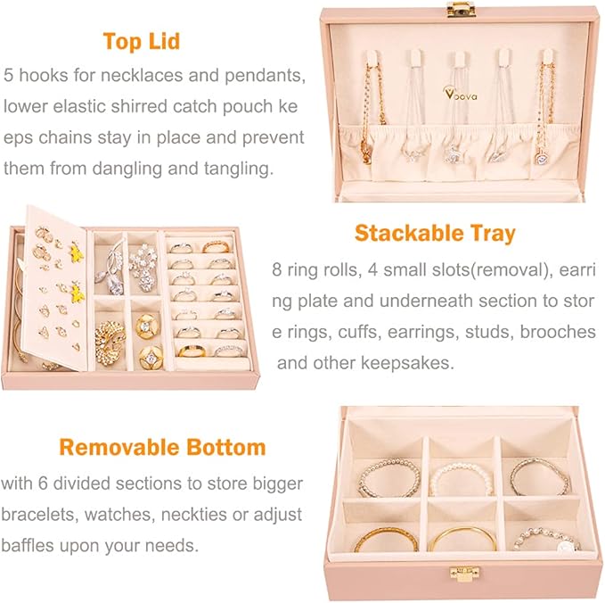 Voova Jewelry Box Organizer for Women Girls, 2 Layer Large Men Jewelry Storage Case, PU Leather Display Jewellery Holder with