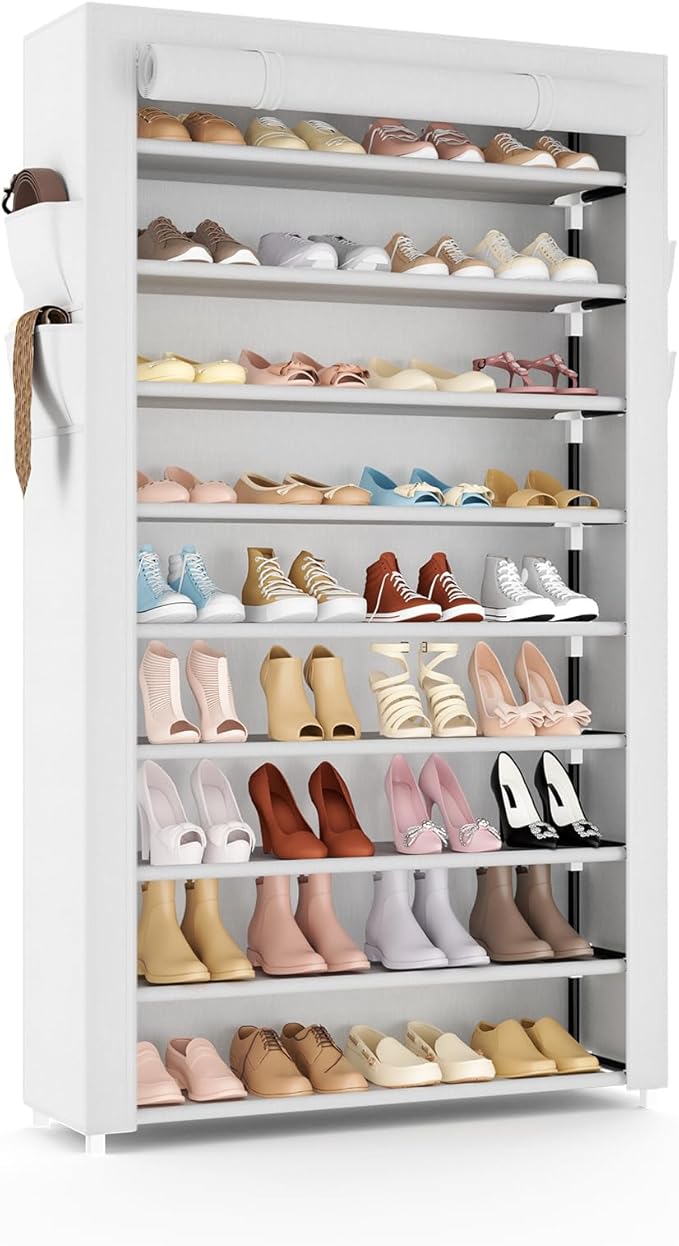 VILICK Shoe Rack with Cover Narrow Shoe Organizer with Pockets 10 Tier Tall Shoe Storage Holds 36-41 Pairs Shoes and Boots Sh