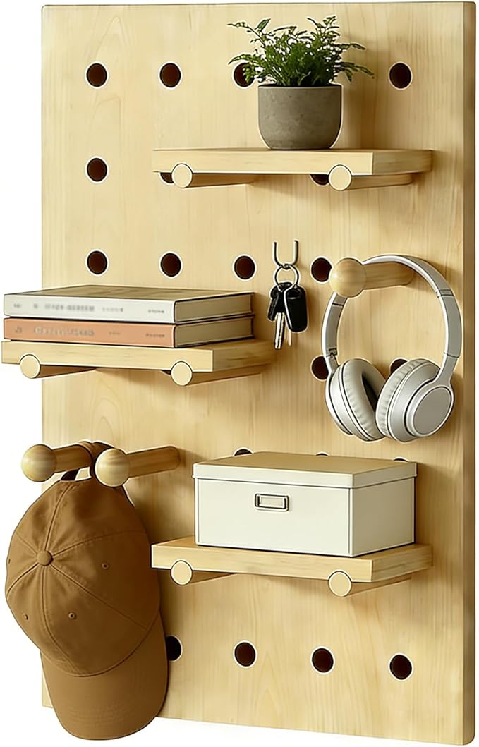 HJZALMI Pegboard Wall Organizer, Wood Pegboard Combination Kit with Shelves & Hooks, Modular Peg Board Panels Storage System 