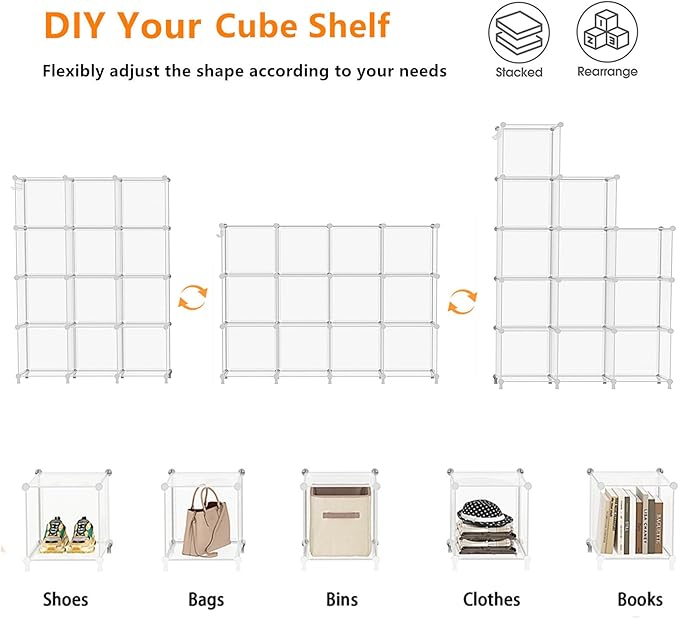 AWTATOS Cube Storage Organizer, Closet Organizers and Storage, 12 Cube Shelves Bookshelf, DIY Stackable Plastic Clothes Organ