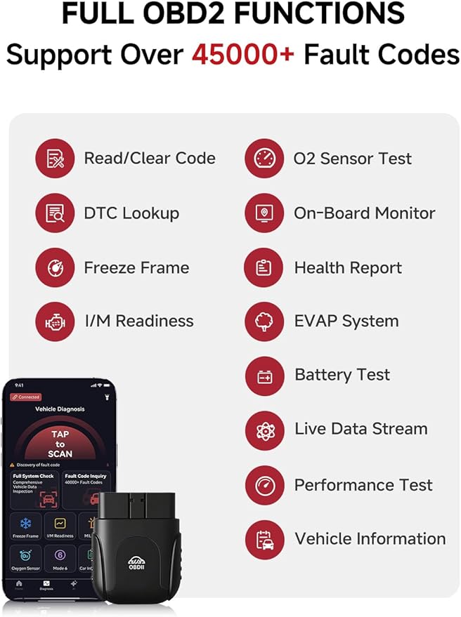 Bluetooth OBD2 Scanner for iPhone & Android - AI Powered Wireless Car Diagnostic Scan Tool, Check Engine Code Reader with