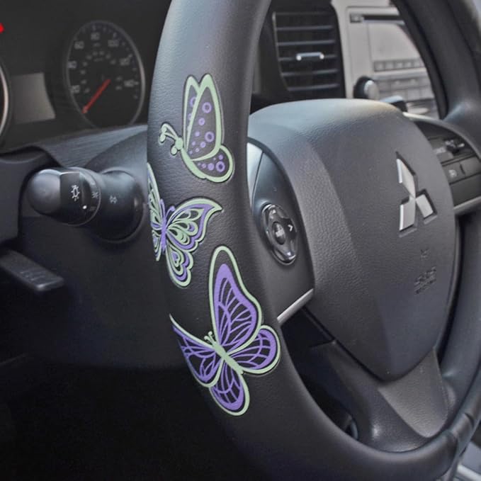 BDK GripGrab Comfort Grip - Purple & Green Butterflies on Black Synthetic Leather Steering Wheel Cover 15 inch