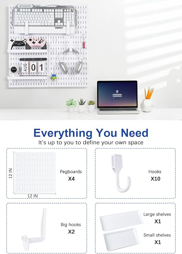 Pegboard Wall Organizer Kit – Heavy Duty 20lbs Load Bearing, Easy Installation, 4 Peg Board Panels 14 Accessories – Multi-Sur