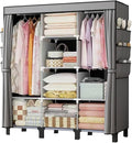 Portable Wardrobe, Easy Hanging Closet 6 Side Pockets Large Capacity Clothes Organizer Comes with 2 Hanging Poles and Shelves