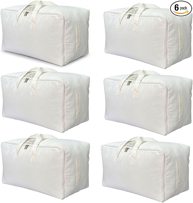 Soft Canvas Clothes Storage Bags with Four Carrying Handles and Clear Window, Closet Organizer for Clothing, Blankets Sheets 