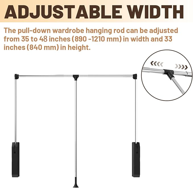 tonchean Pull Down Closet Rod, Stainless Steel 35-48 Inch Adjustable Closet Rod for Hanging Clothes Side & Back Mounted, Heav