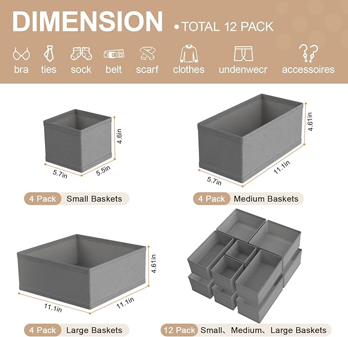 Drawer Organizer Clothes & Dresser Organizers - 12 Pack Foldable Drawer Dividers, Baby Clothes Organizer & Nursery Storage fo
