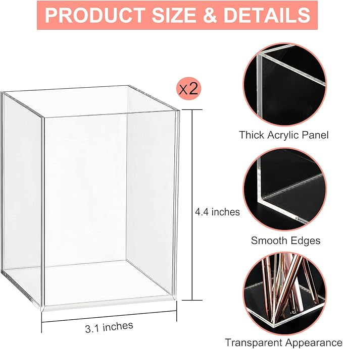 Mototo 2 Pieces Clear Acrylic Pen Holder & Pencil Cup Clear Makeup Bush Holder Acrylic Desktop Stationery Organizer for Offic
