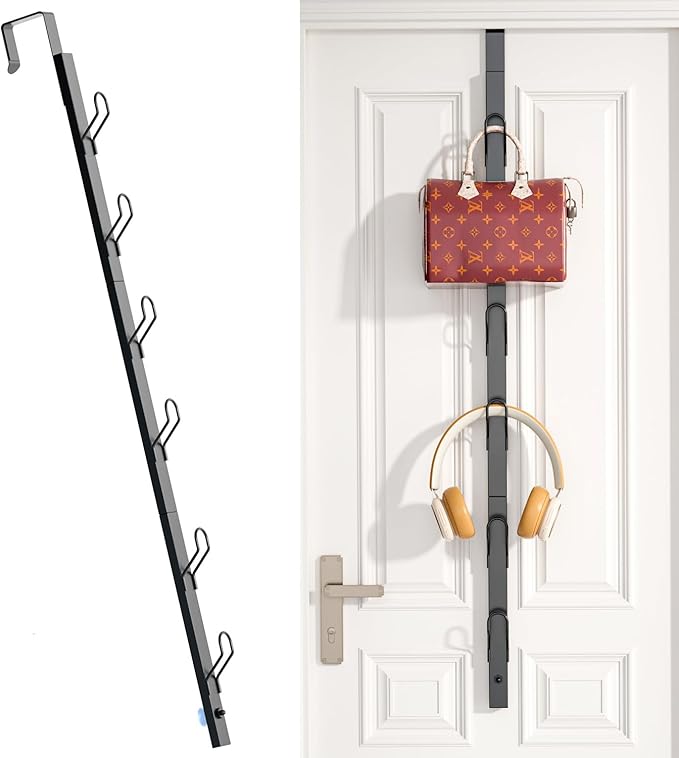 Over The Door Hooks Long with 6 Hooks, Behind The Door Towel Racks for Bathroom, Door Purse Bag Coat Robe Hanger, Hat Clothes