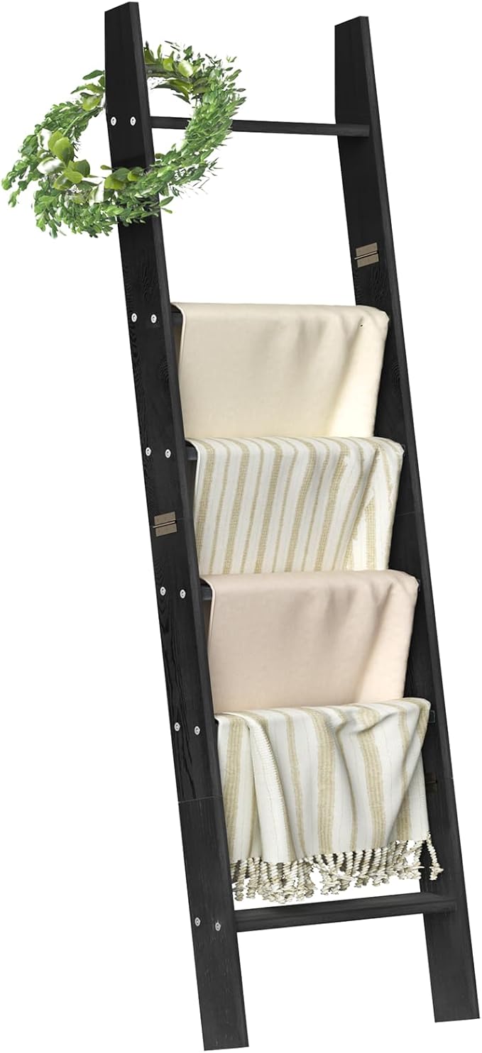 HONEST OUTFITTERS Blanket Ladders for The Living Room, 6-Tier Blanket Holder, Wall-Leaning Blanket Rack, Ladder Shelves, Wood