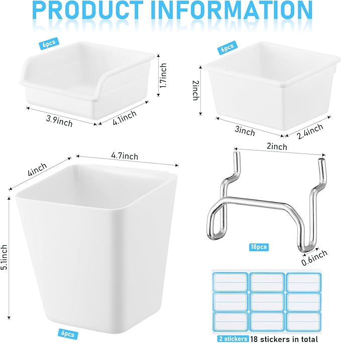Uiifan 18 Set Pegboard Bins Kit Plastic Pegboard Cups with Metal Hooks Wall Containers Organizer Accessories with Label Stick