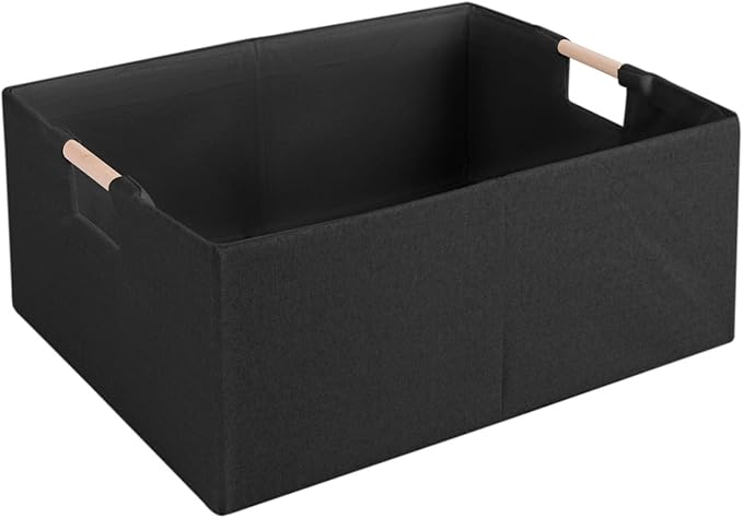 Fabric Storage Bin Box Foldable Cotton Linen Storage Basket with Wooden Handles Rectangular Cube Decorative Home Laundry Orga
