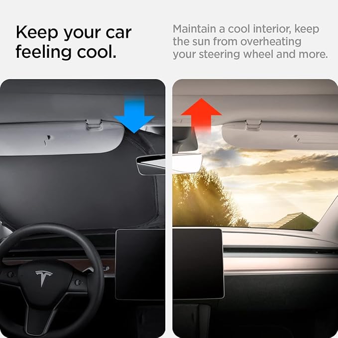 Spigen Front Windshield Sunshade for All Tesla Model Y & 3 | Dual Layered Protection Car Accessories for Model Y Juniper and Model 3 Highland | Gift for Tesla Owner
