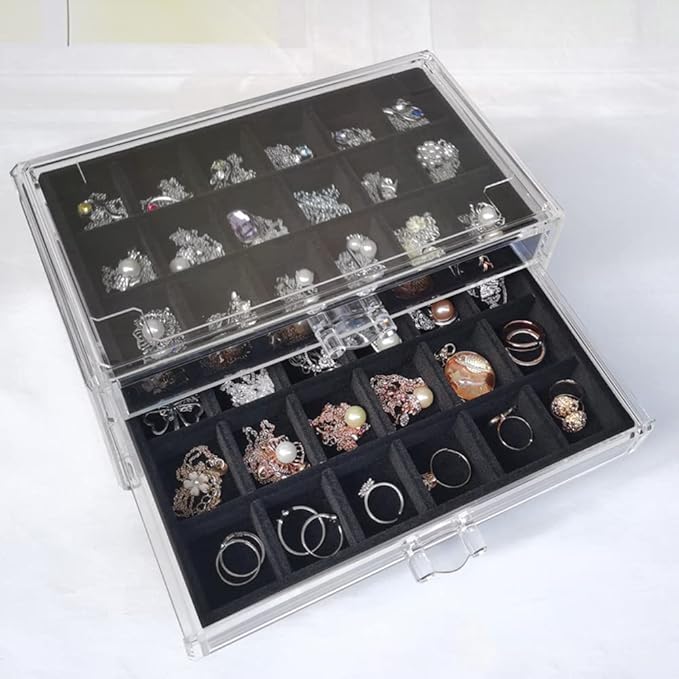 YUFONG Earring Organizer Box Acrylic Jewelry Organizer with 3 Drawers 54 Adjustable Grids Clear Stackable Earring Holder Velv