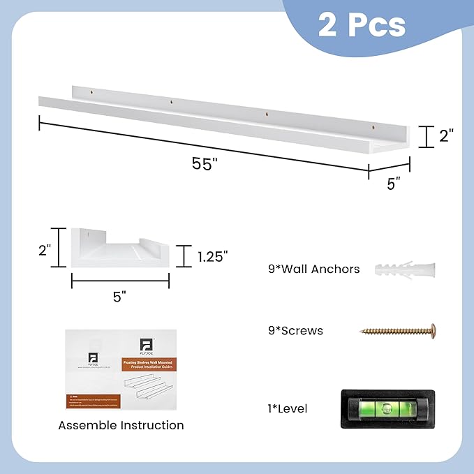 Picture Ledge Shelf, Floating Shelves Set of 2, Solid Ash Wood 56'' Long Large Nursery Book Shelves for Toys Storage, Kids Bo