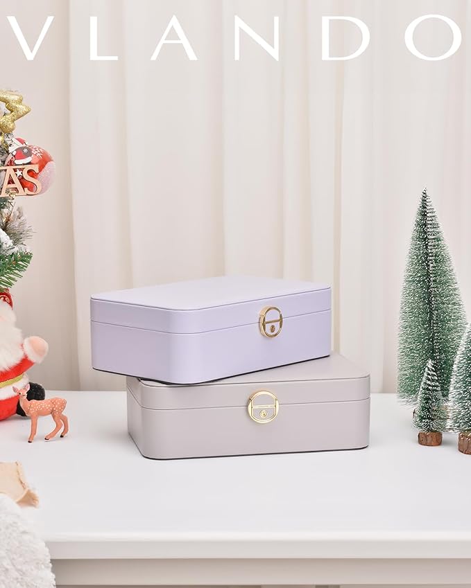 Vlando Jewelry Box Organizer for Girl,Faux Leather Lockable Jewelry Holder Organzier Case Boxes with 2 Layers,Earrings Neckla