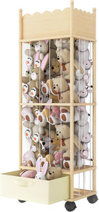 Wooden Stuffed Animal Storage Organizer with Wheels & Drawer – 3-Tier Plush Toy Zoo Holder for Kids Room, Nursery & Playroom 