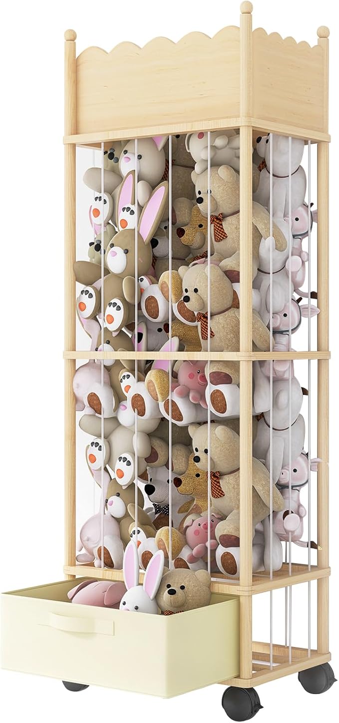 Wooden Stuffed Animal Storage Organizer with Wheels & Drawer – 3-Tier Plush Toy Zoo Holder for Kids Room, Nursery & Playroom 