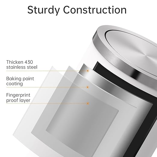 Mbillion Small Trash Can with Swing Lid 4 Gallons/ 15 Liter, Mini Trash Can with lid, Stainless Steel Cylindrical Garbage Can for Home and Office Bathroom Bedroom, for Ground and Desktop White