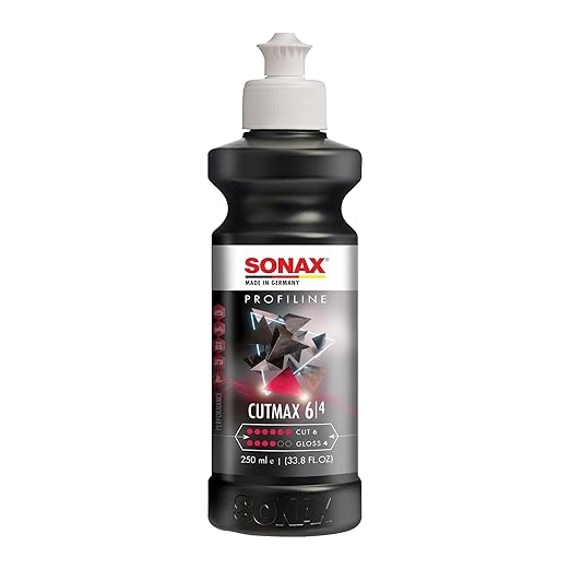 SONAX CutMax Compound 246141 | High-Abrasive Paint Correction Polish for P1500 Grit Sanding Marks | Silicone-Free, Dust-Free, and Odorless | Long Buffing Cycle for Severe Weathered Paint | 250ml