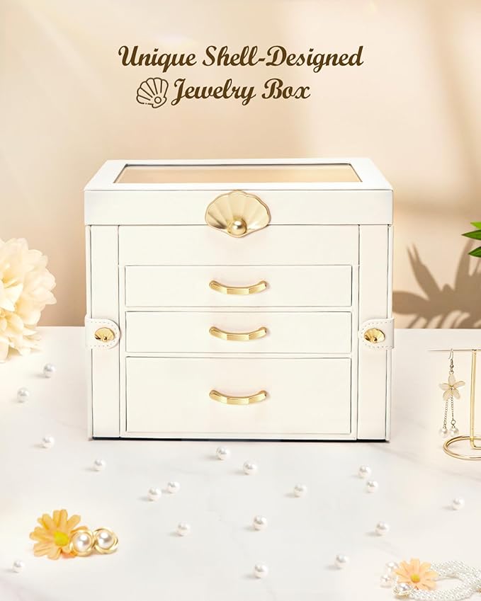 Enthralite Jewelry Box with 3 Drawers: Display Organizer for Earrings Necklaces - Gift for Girls Women (White)