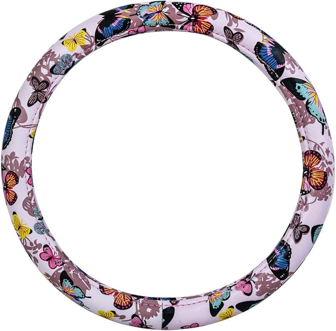 Outlet Pretty Colorful Butterfly Steering Wheel Cover, Universal 14.5-15 Inch Anti-Slip Leather Car Wheel Protector for Women