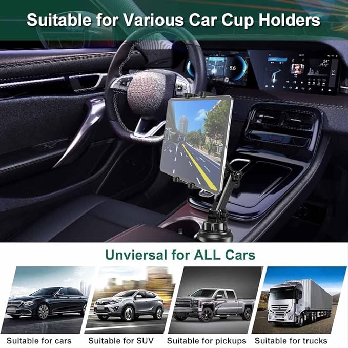 Car Cup Holder Tablet Mount for 4-13" iPad & Phone, Universal Truck Cup Tablet Mount with Adjustable Arm for iPad Pro 12.9 9.7 Air Mini, Samsung Galaxy Fold 4 3, Kindle Fire HD, iPhone etc
