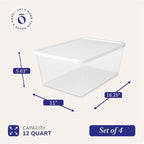 HOMZ 4-Pack Snaplock, Small Clear Plastic Storage Organizer Bins w/Lids, 12 Quart, White - Stackable Container Boxes for Bedr