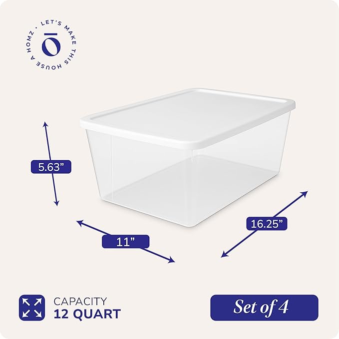 HOMZ 4-Pack Snaplock, Small Clear Plastic Storage Organizer Bins w/Lids, 12 Quart, White - Stackable Container Boxes for Bedr