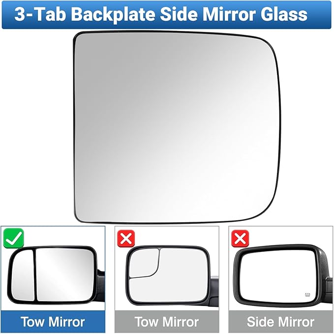 Driver Left Side Mirror Glass Replacement, 3-Tab Backplate ONLY, Compatible with Dodge/Ram 2010-2020 1500 2500 3500 (Not for 4-Tab), Heated Convex Left Side 68067729AA 68067727AA