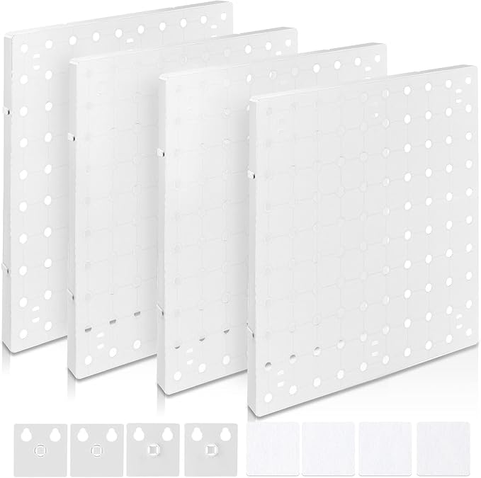 4 PCS White Pegboard Wall Organizer, Self-Adhesive Peg Board Wall Panel Kits Storage for Craft Room Garage Kitchen