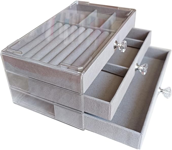 Clear Acrylic Velvet Jewelry Organizer with 3 Drawers, Stackable Display Storage Earrings Necklace Rings Bracelets Box Holder